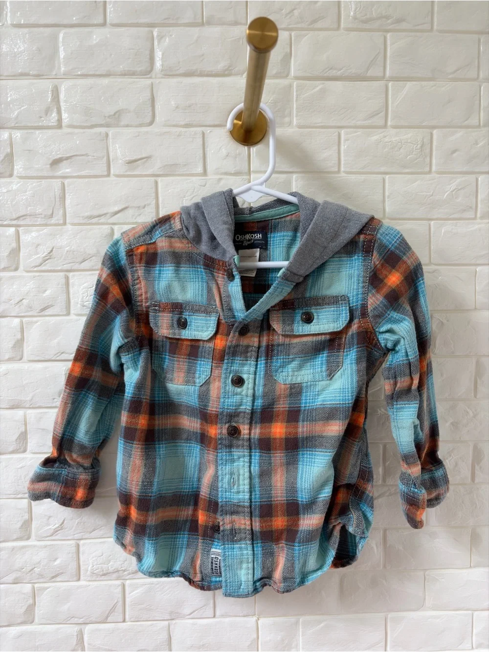 OshKosh B'gosh Blue & Orange Plaid Hooded Button-Down Shirt